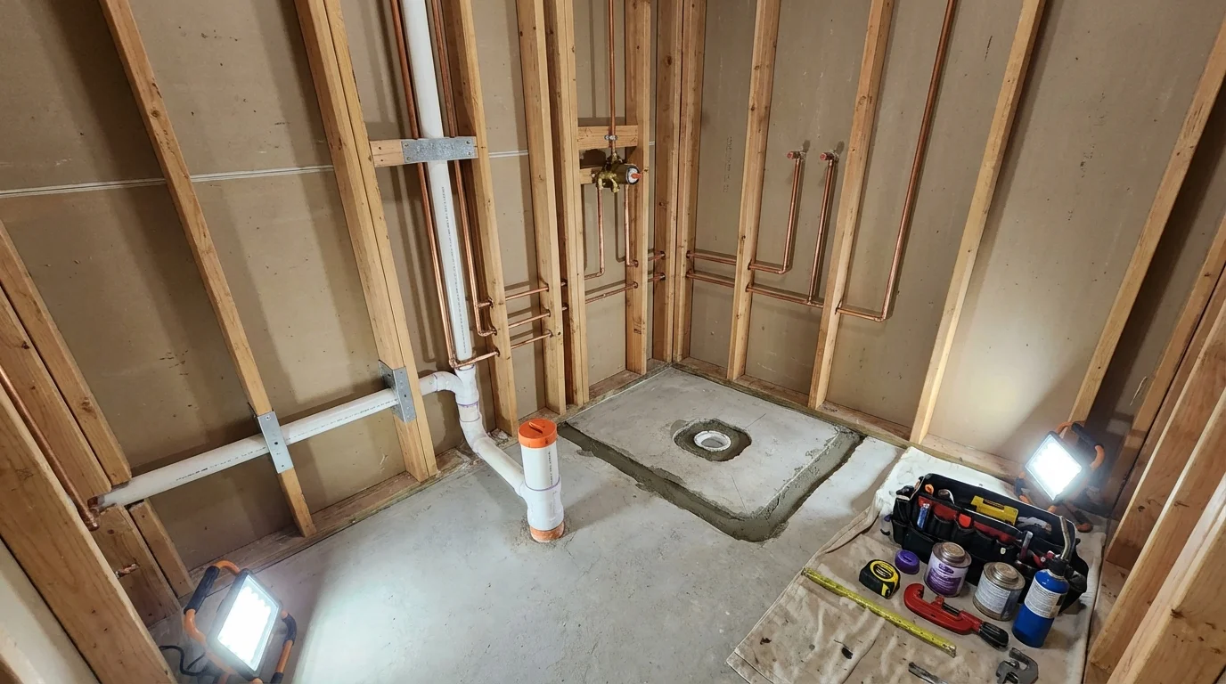 Bathroom rough-in plumbing during remodel by Johns Plumbing LLC in Tualatin