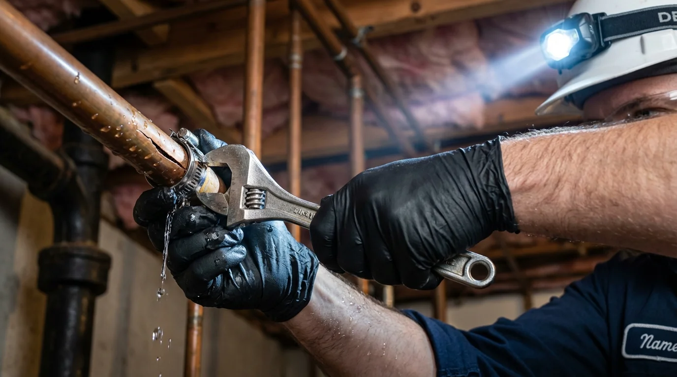 Emergency pipe clamp repair being performed by a Johns Plumbing LLC plumber in Tualatin