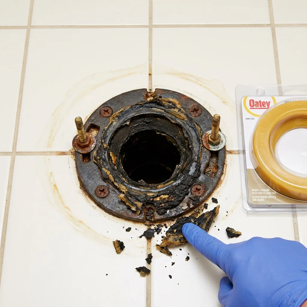 Failed wax ring showing water seepage at the base of a toilet in a Tualatin, OR home