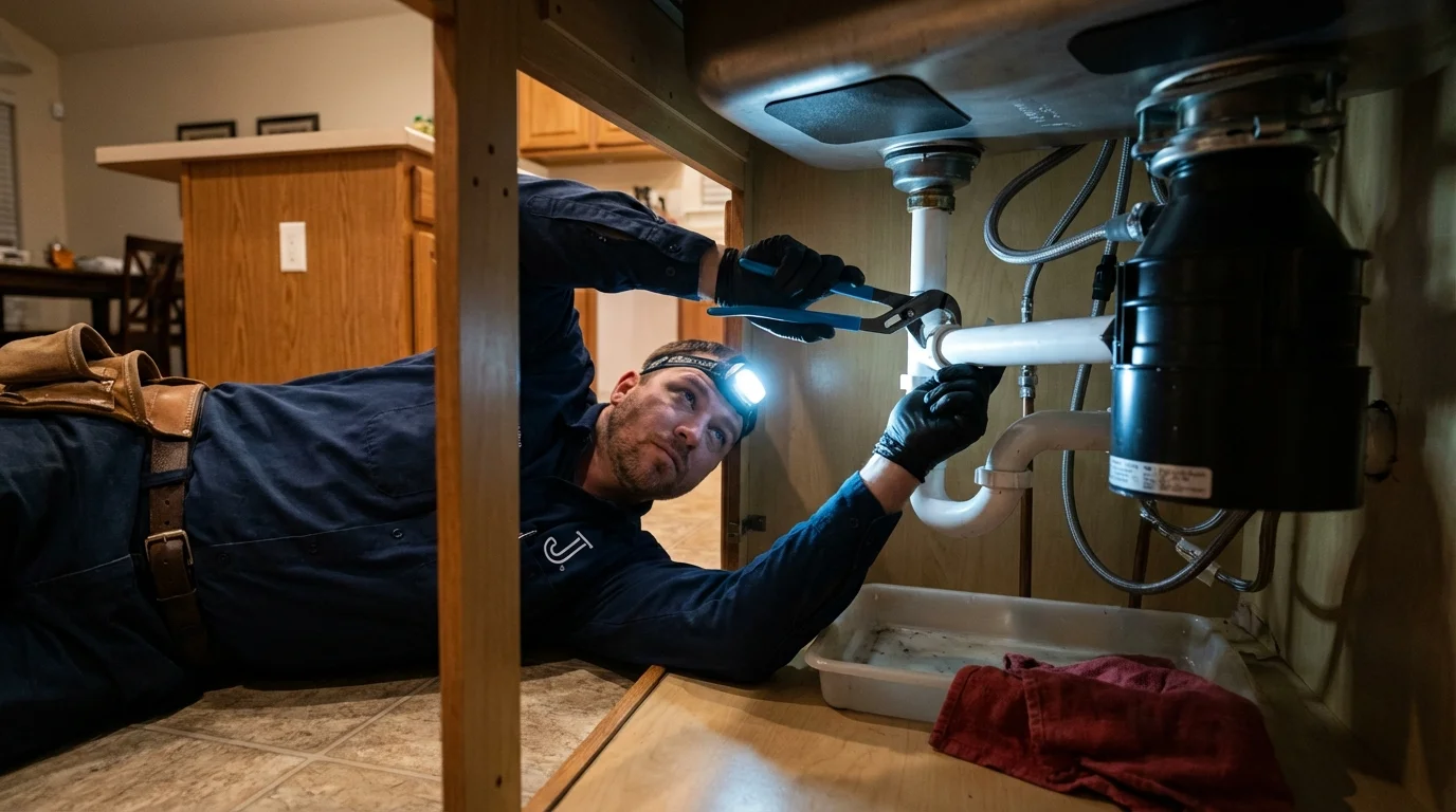 P-trap and supply line connections under a kitchen sink showing a common leak point in Tualatin, OR